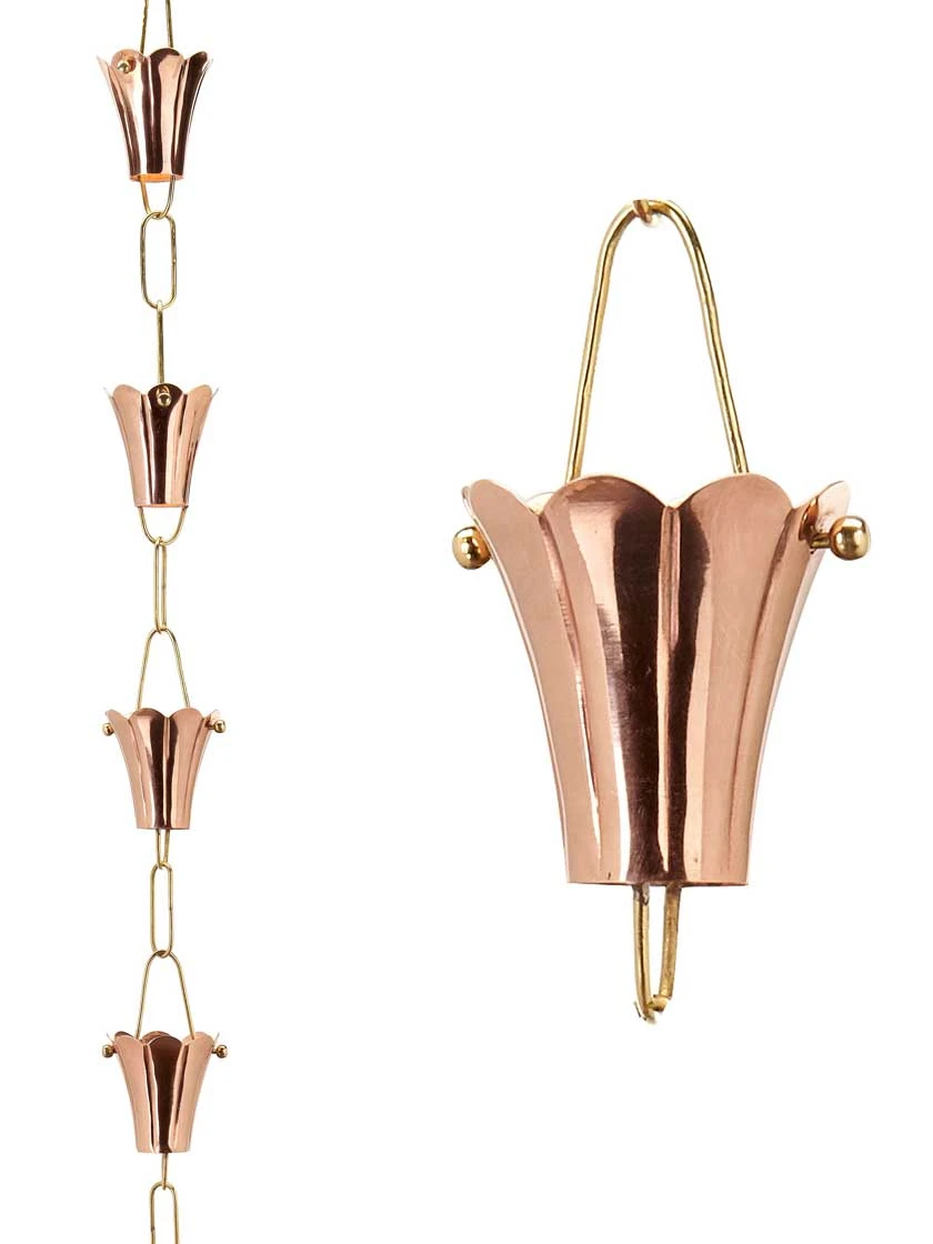 Fluted Flower Pure Copper Rain Chain, 8.5' 7 Fluted Flower Pure Copper Rain Chain, 8.5' - Image 5