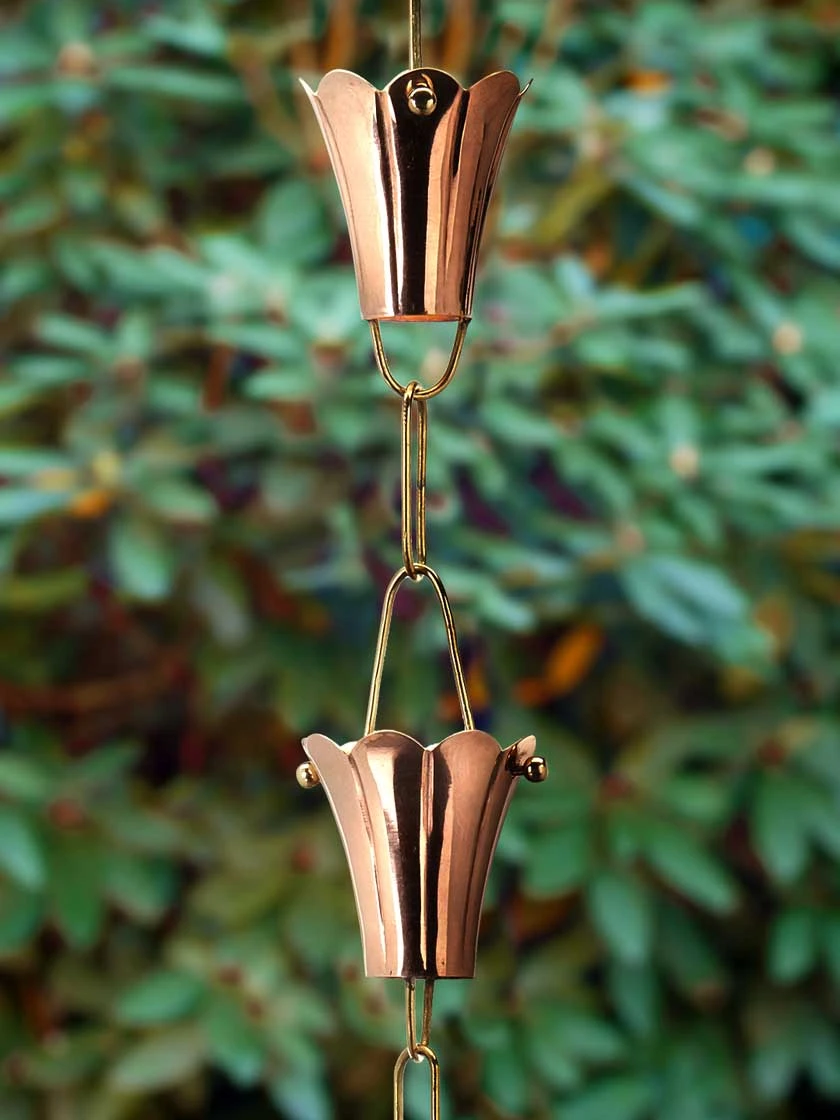 Fluted Flower Pure Copper Rain Chain, 8.5' 4 Fluted Flower Pure Copper Rain Chain, 8.5' - Image 2