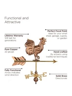 Rooster Garden Copper Weathervane With Pole -Garden Care 8600284 04v