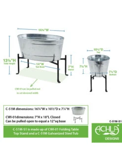 Achla Designs Mini Oval Galvanized Tub With Folding Stand -Garden Care 8612906 04v